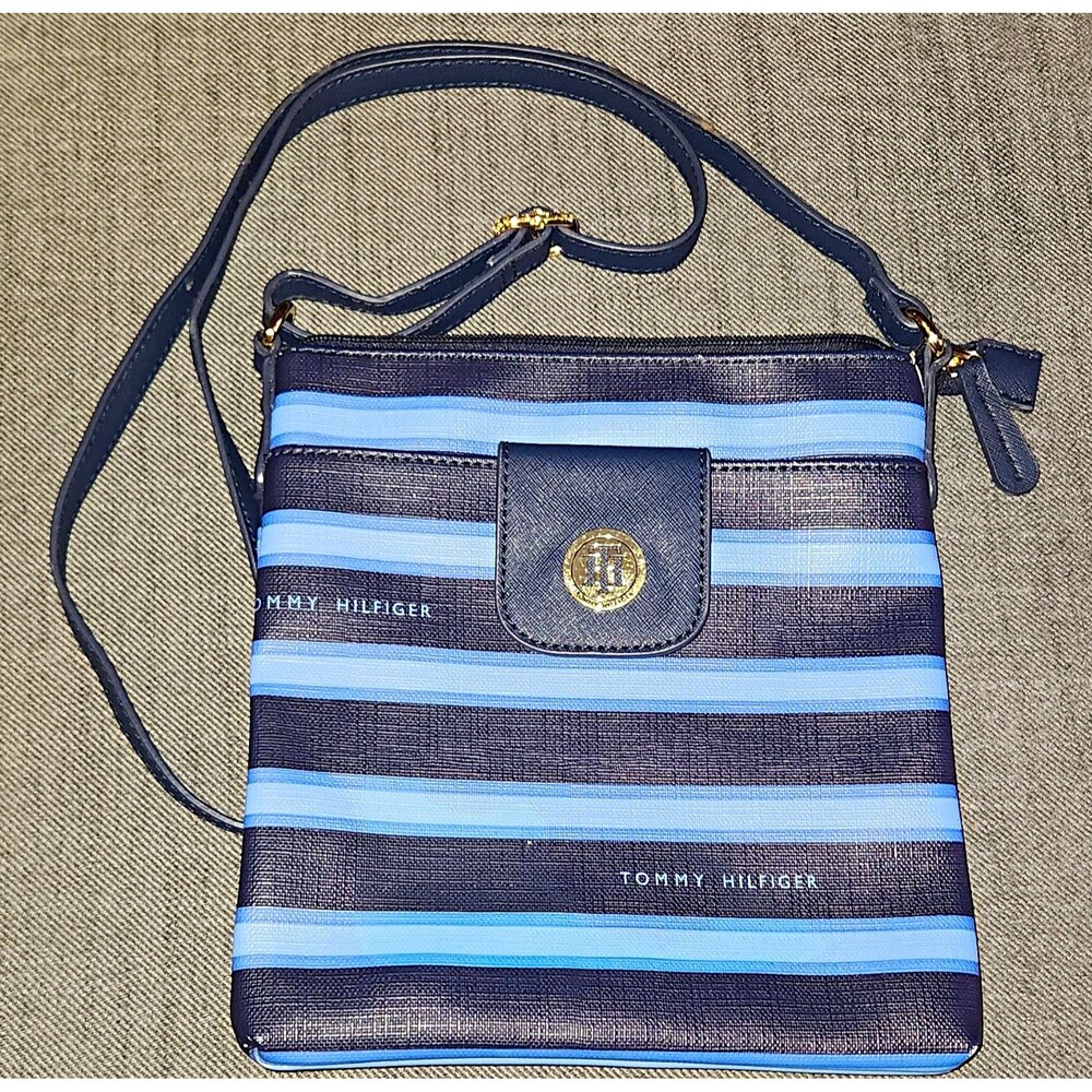 Tommy Hilfiger Blue/Navy Striped Zip Crossbody Bag Gold Hardware, Inner Pockets